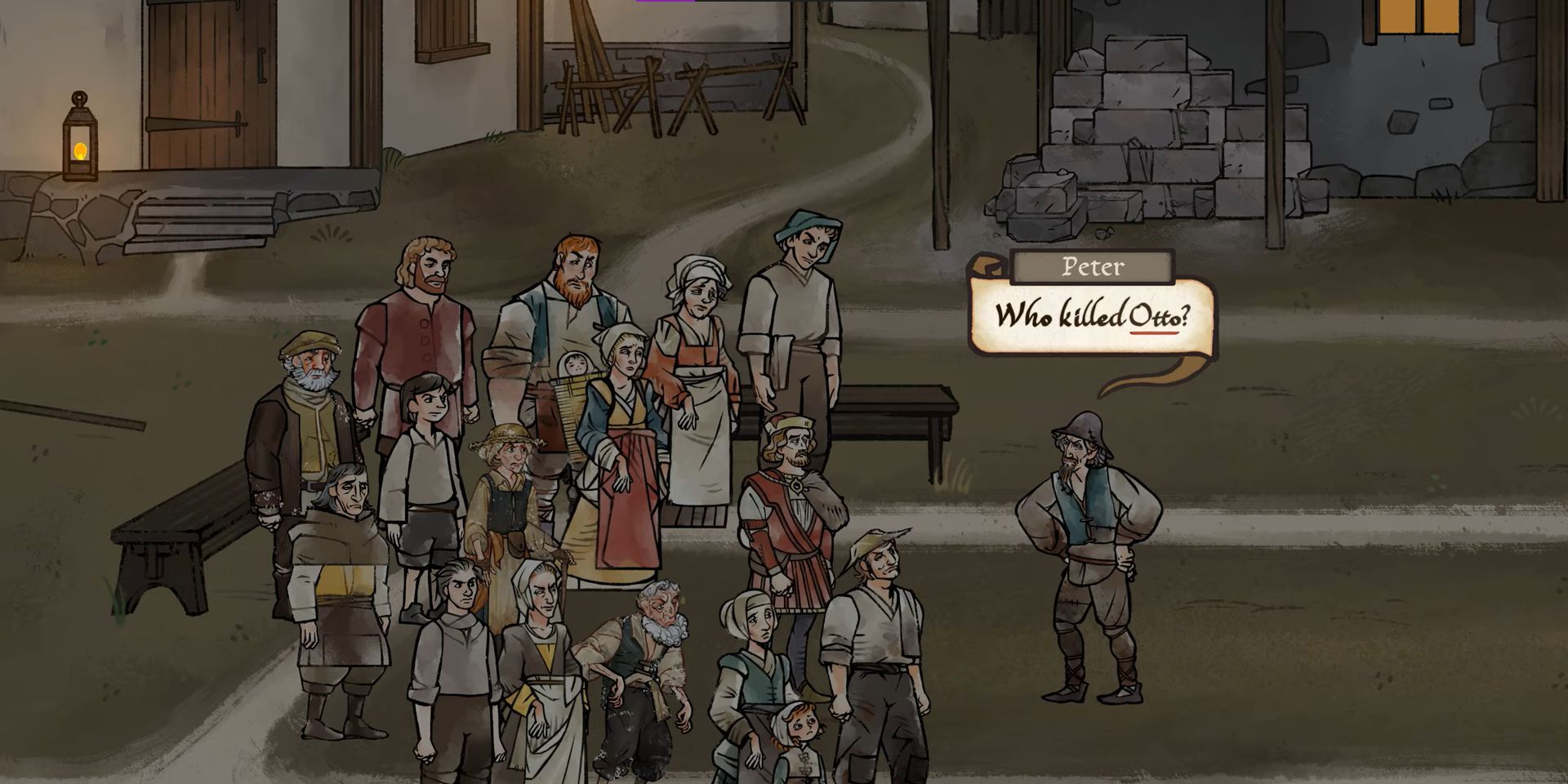 a screenshot from Pentiment in which a crowd decides who killed Otto