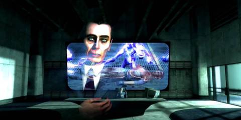 A cutscene showing the G-Man in front of a screen from Half-Life 2.