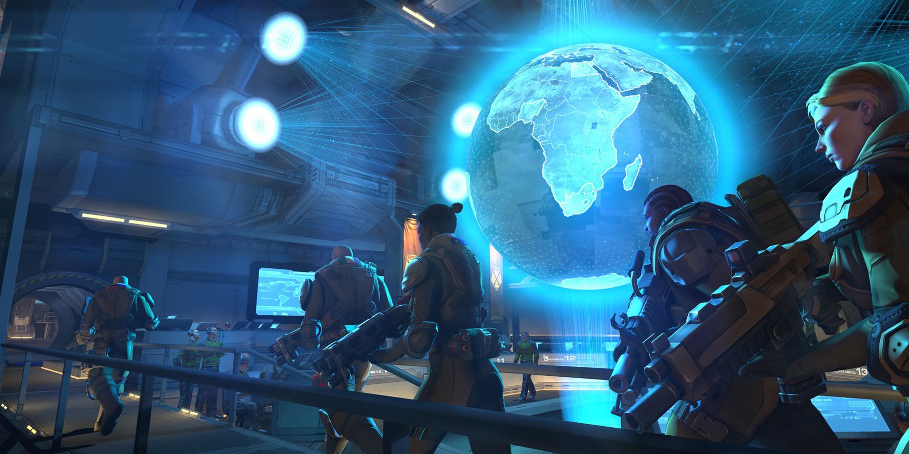 XCOM: Enemy Unknown soldiers in front of the Geoscape