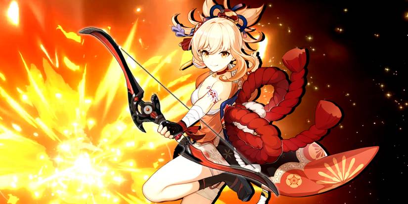 yoimiya holding blackcliff warbow in genshin impact