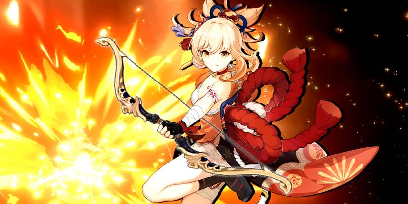 yoimiya holding slingshot in genshin impact