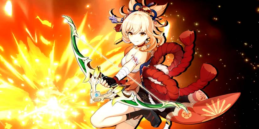 yoimiya holding viridescent hunt in genshin impact
