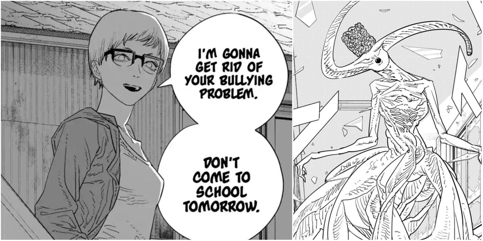 Manga panels of Yuko from Chainsaw Man in human and devil form.