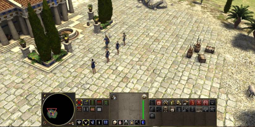 The paved front of an ancient government building, faced by five figures: four women and one man with a spear and shield. All are wearing blue.