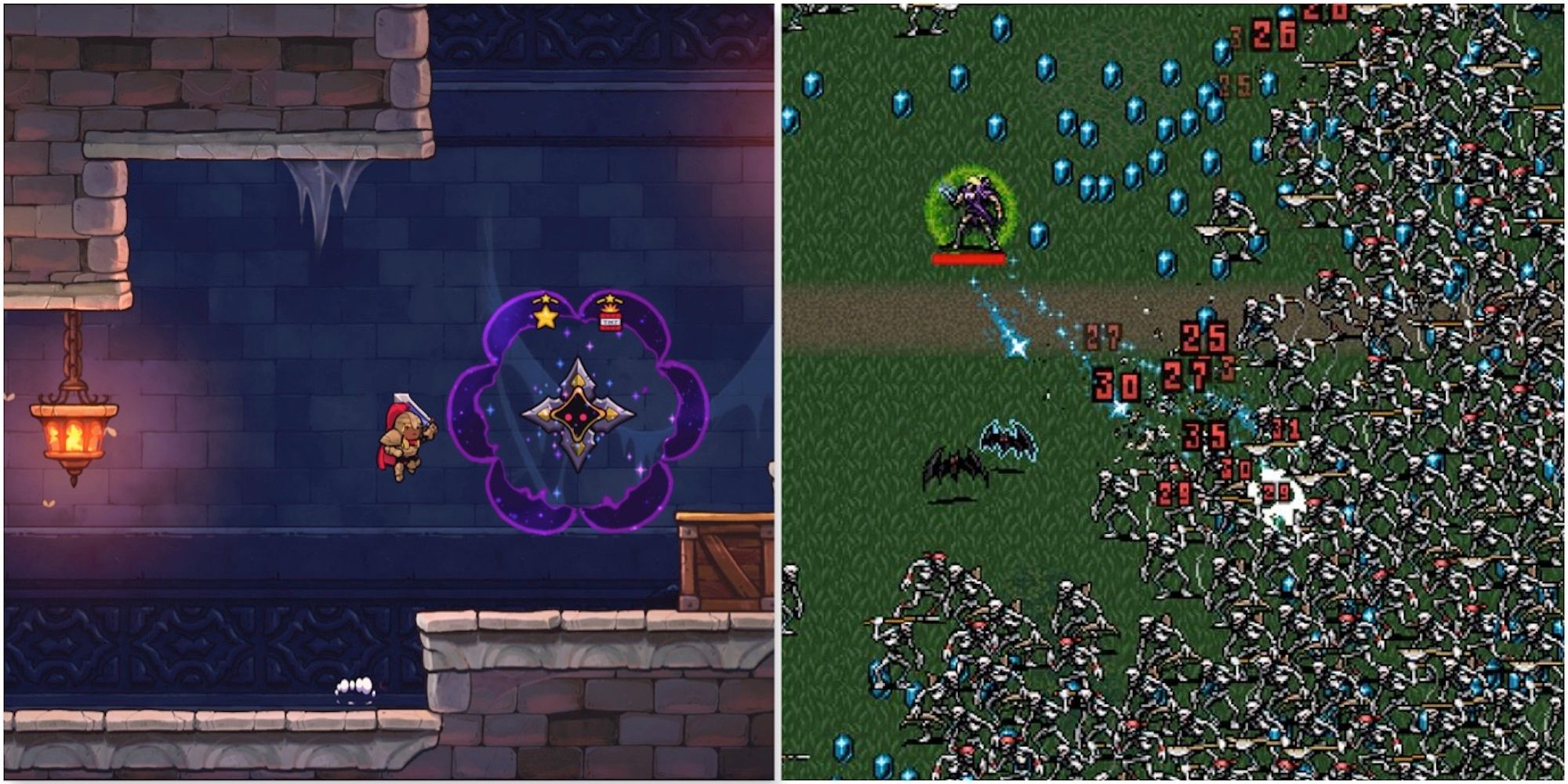 Fighting enemies in Rogue Legacy 2 and Vampire Survivors