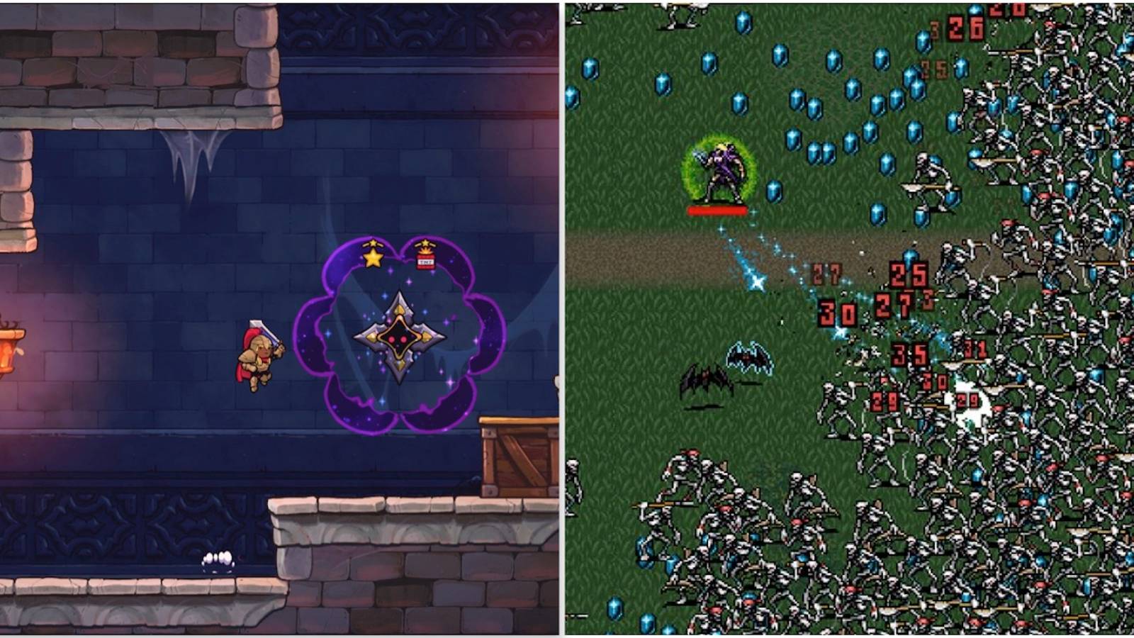 Fighting enemies in Rogue Legacy 2 and Vampire Survivors