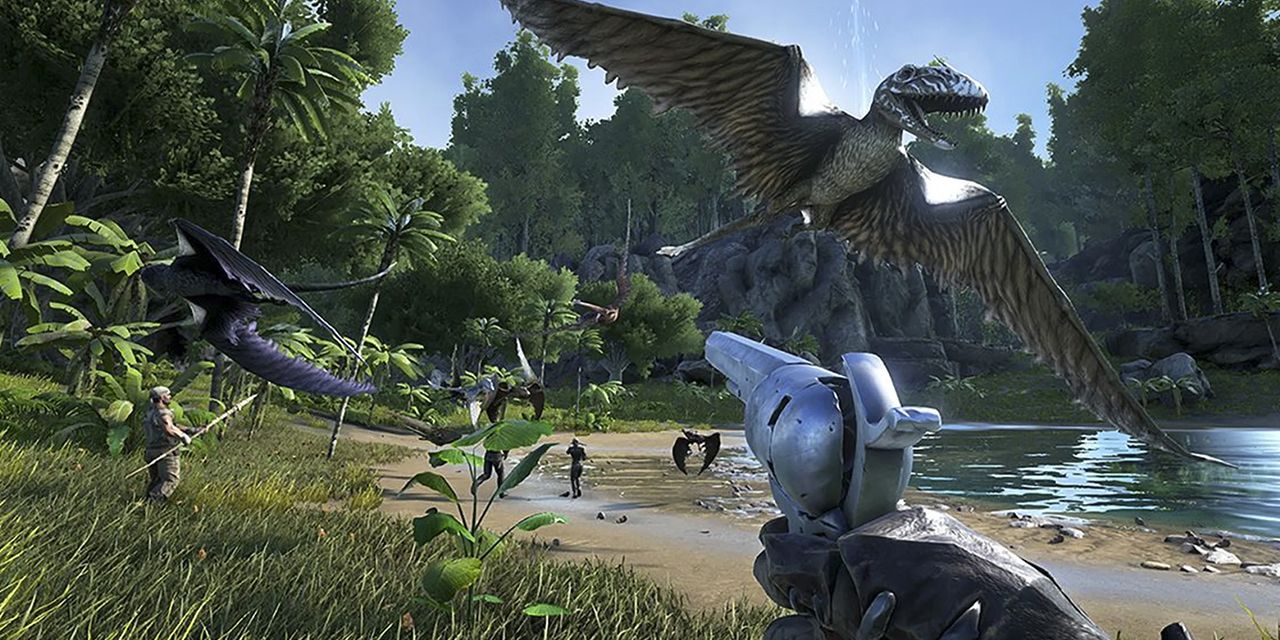 ARK Survival Evolved aiming pistol at Terradactyl in wilderness by water