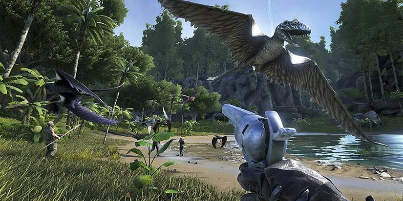 ARK Survival Evolved aiming pistol at Terradactyl in wilderness by water