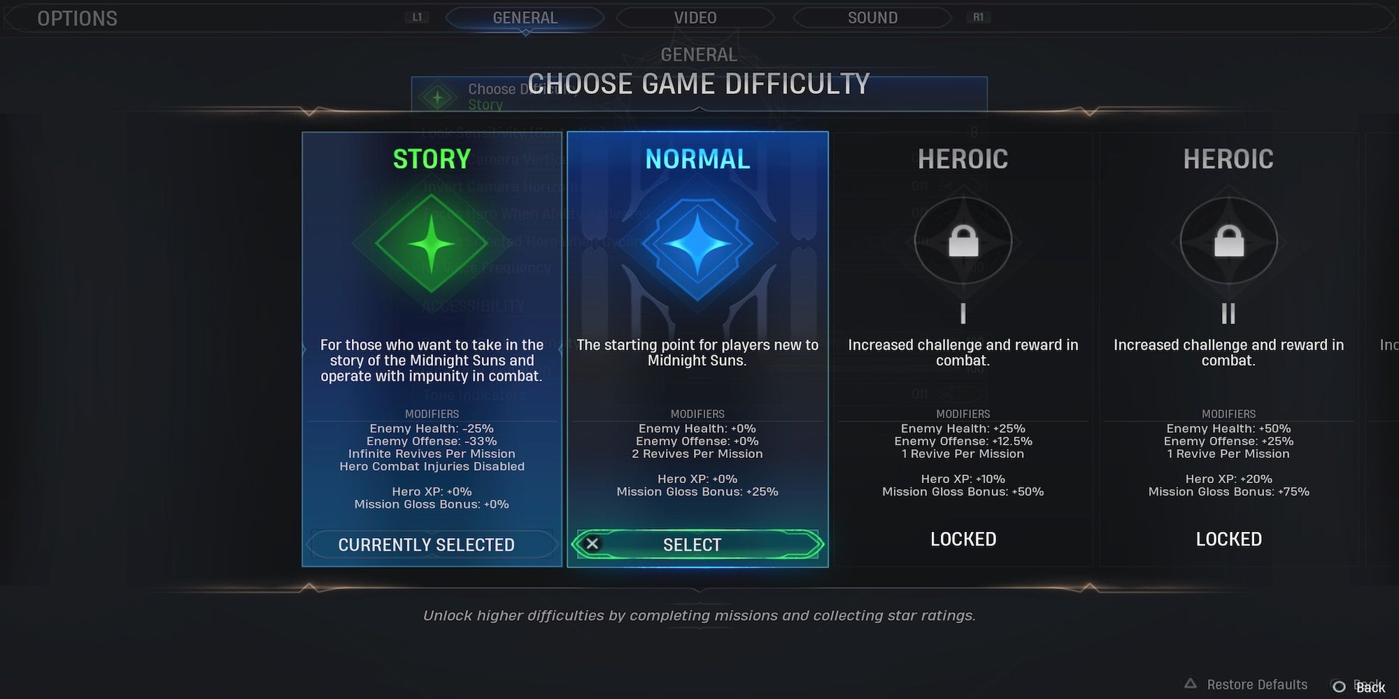 The difficulty menu in Marvel's Midnight Suns