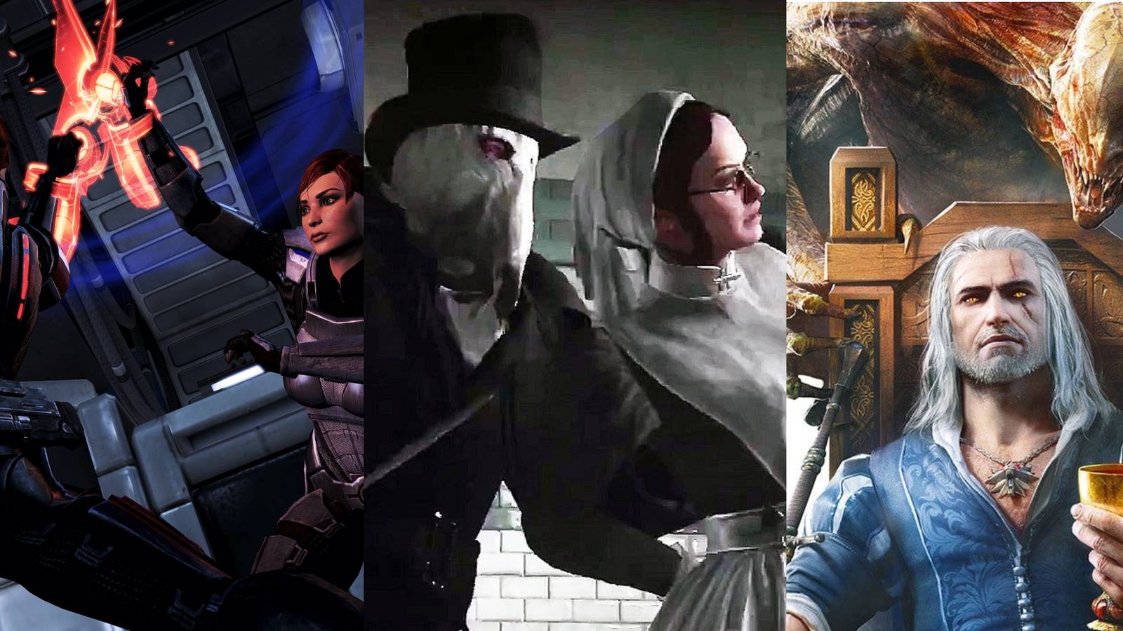 An esemble image from the Citadel DLC from Mass Effect, Jack the Ripper from AC:S, and Blood and Wine from The Witcher 3
