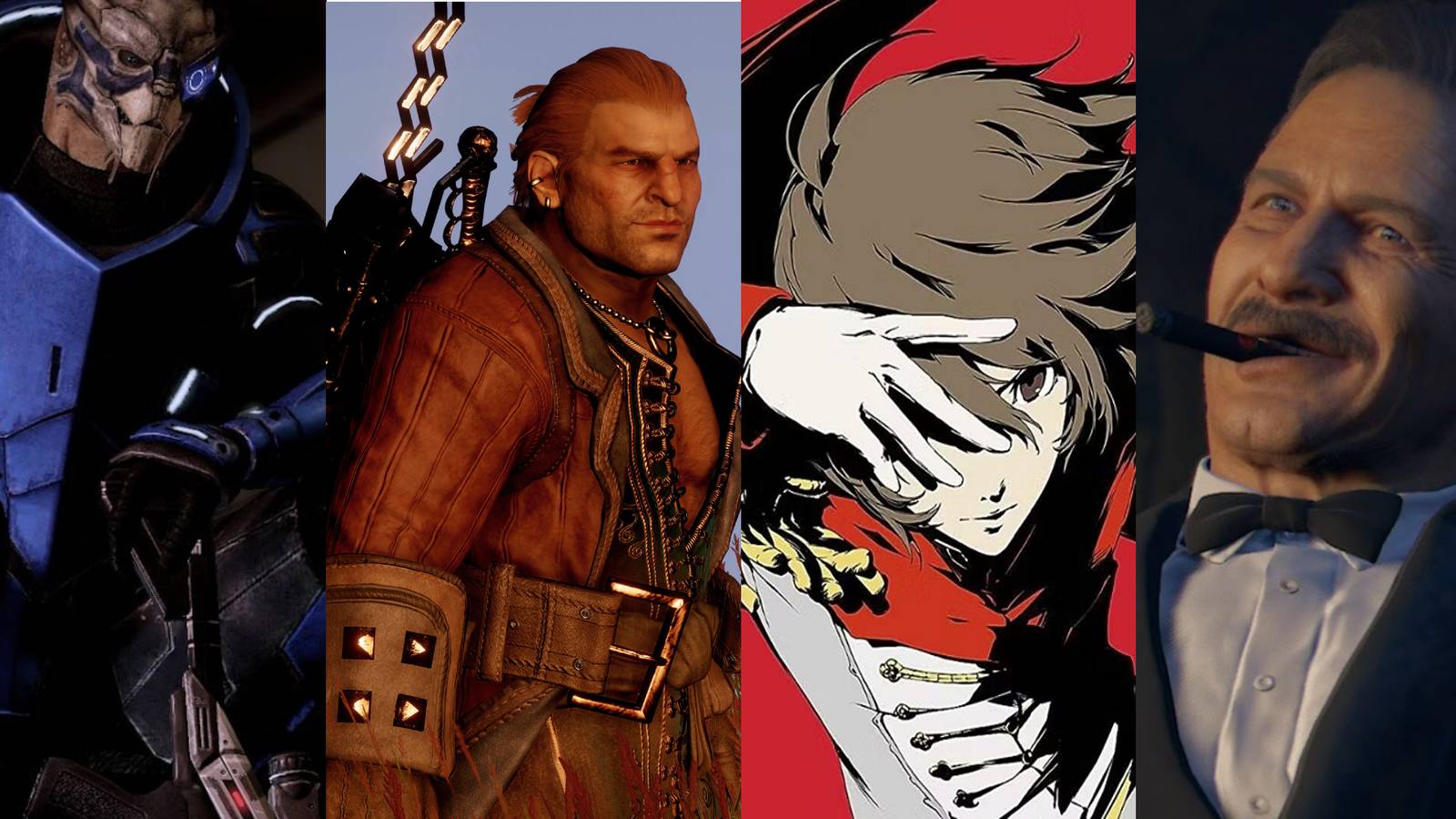 An enesemble image featuring Garrus Vakarian, Varric Tethras, Goro Akechi and Victor 
