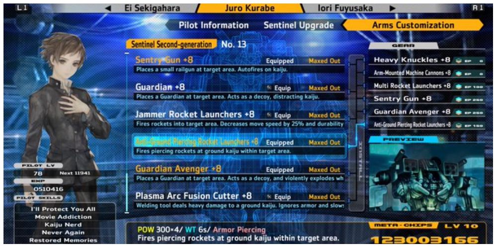 Anti-Ground Piercing Rocket Launchers selection screen in 13 Sentinels: Aegis Rim
