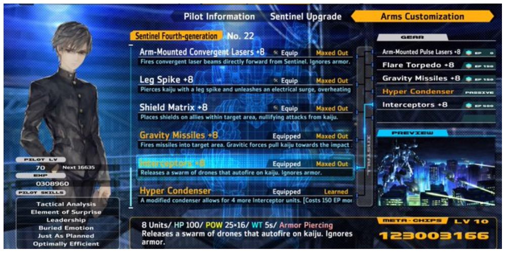 Interceptors selection screen in 13 Sentinels: Aegis Rim