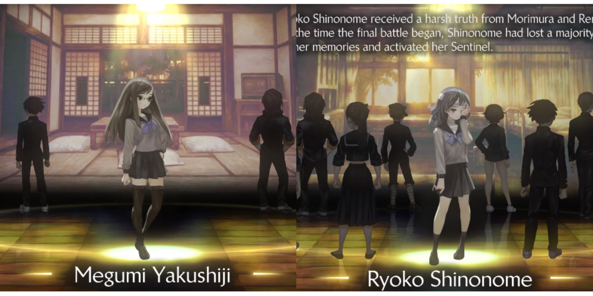split image of Megumi Yakushiji and Ryoko Shinonome in 13 Sentinels: Aegis Rim