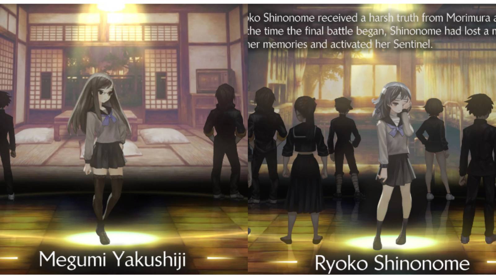 split image of Megumi Yakushiji and Ryoko Shinonome in 13 Sentinels: Aegis Rim
