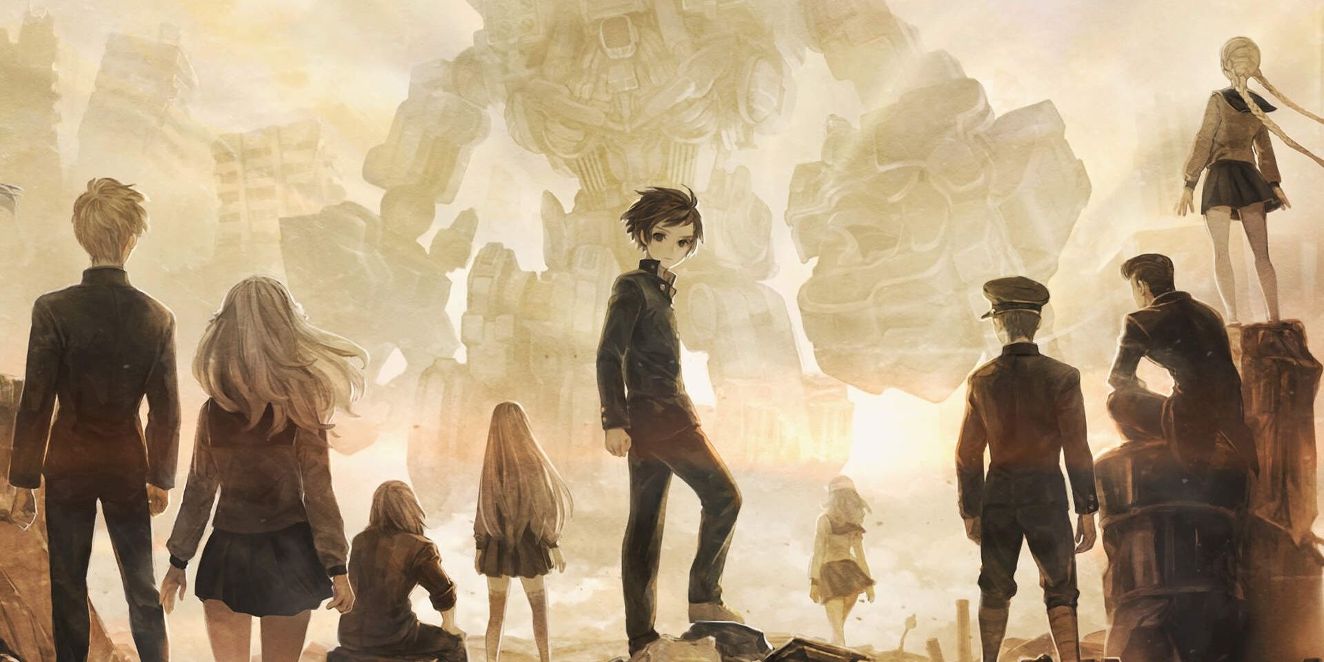 Nine of the main characters of 13 Sentials Aegis Rim in front of a mech in art for the game
