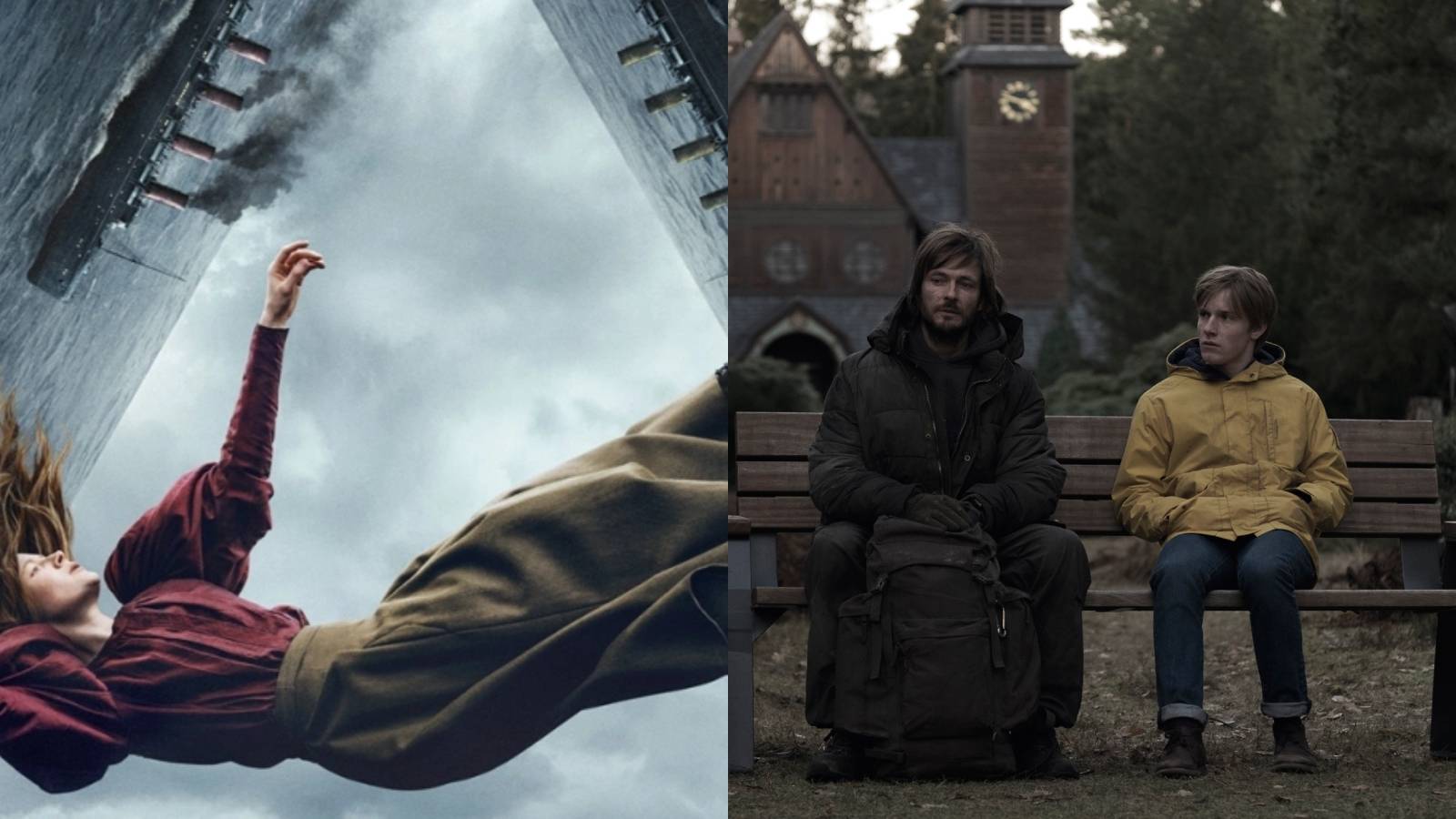 Split image of a woman falling in 1899 poster and a man and teenager sitting in Dark