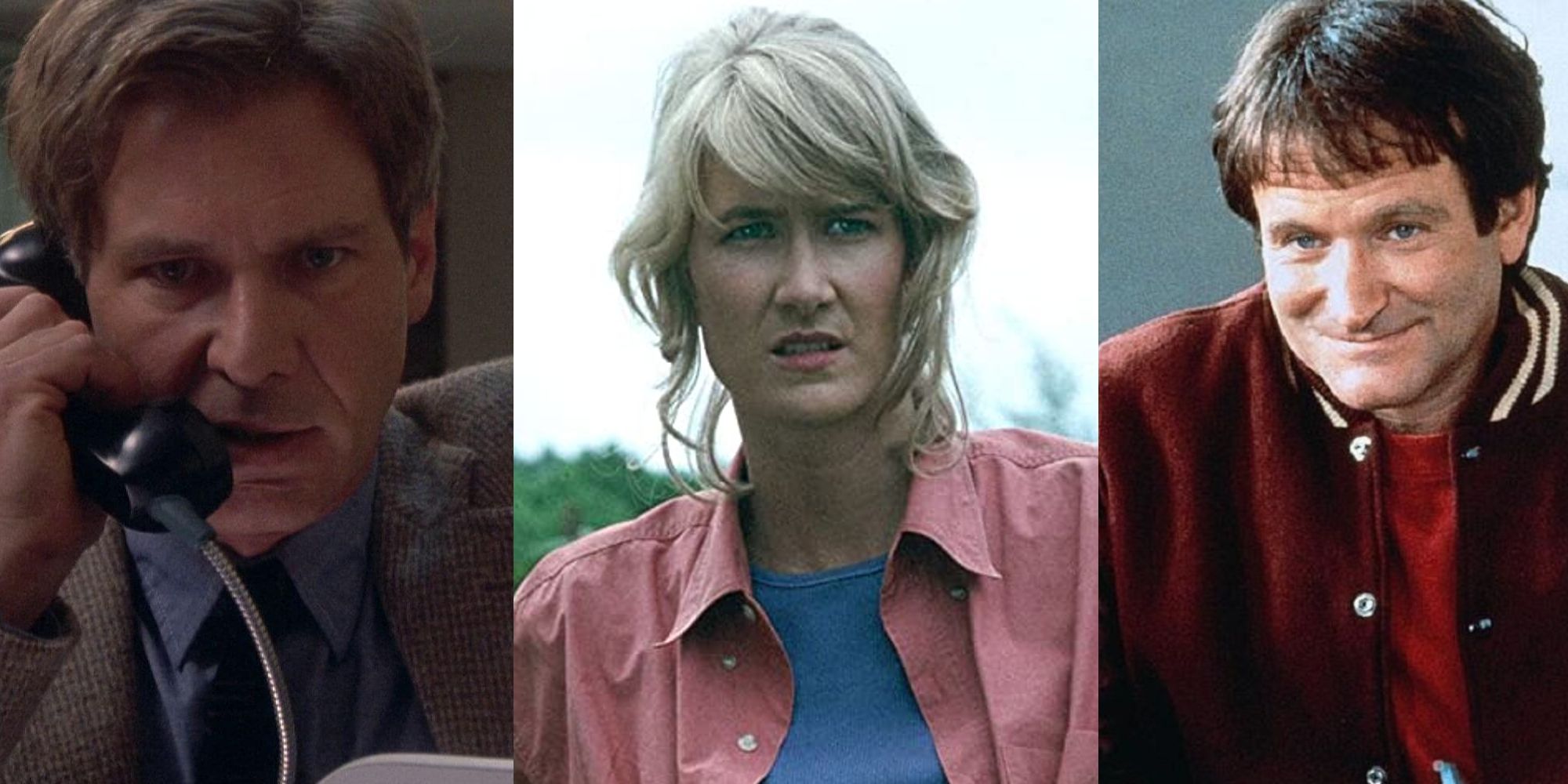 Harrison Ford on the phone; Laura Dern in Jurassic Park; Robin Williams smiling