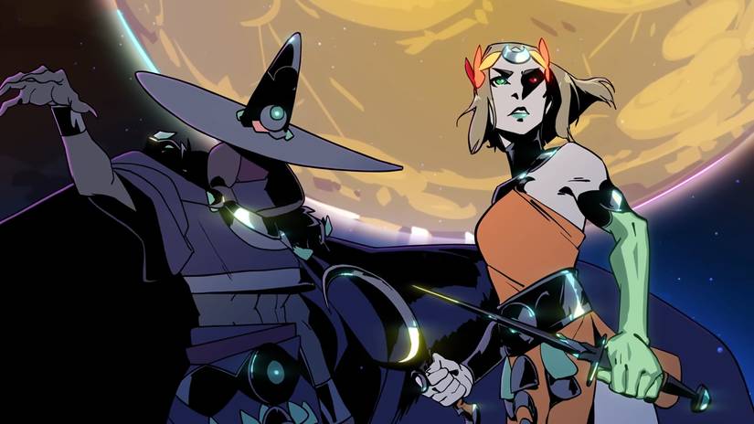 Melinoe (right), wielding her weapons, and her mentor (left).