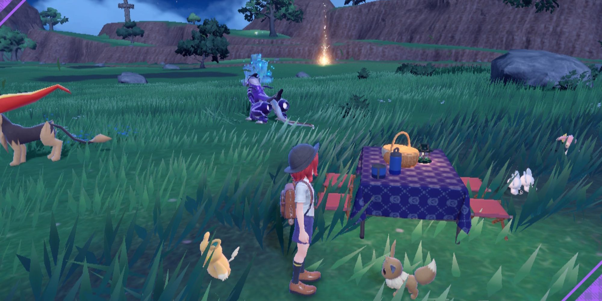 Pokemon having a picnic near a Tera Raid Den in Pokemon Scarlet & Violet