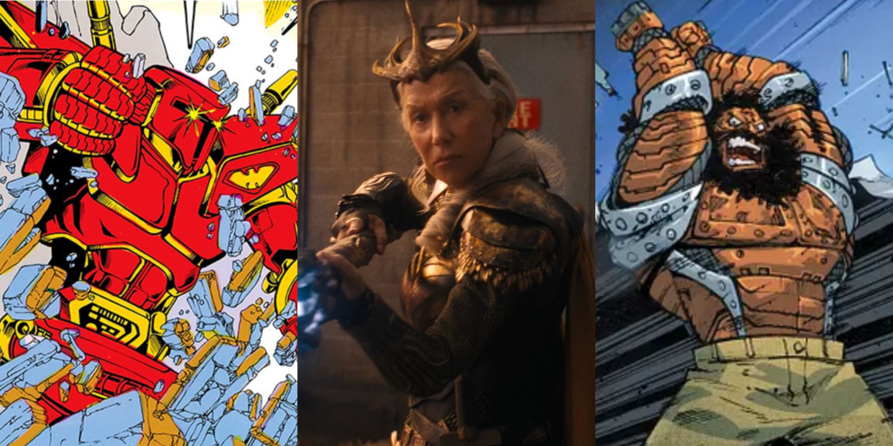 A split image features Carapx in DC Comics, Helen Mirren in Shazam 2, and Girder in DC Comics