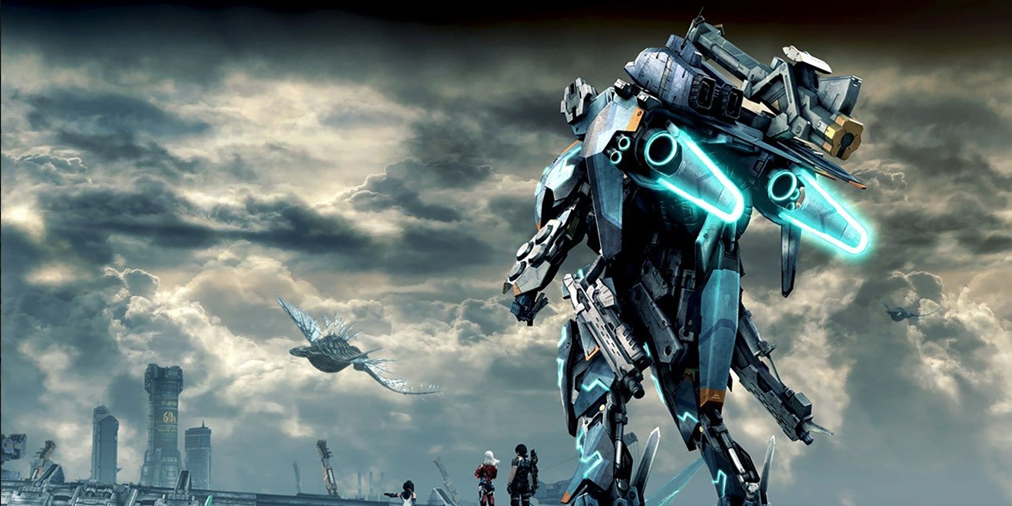 An image of Xenoblade Chronicles X players facing a cloudy sky 