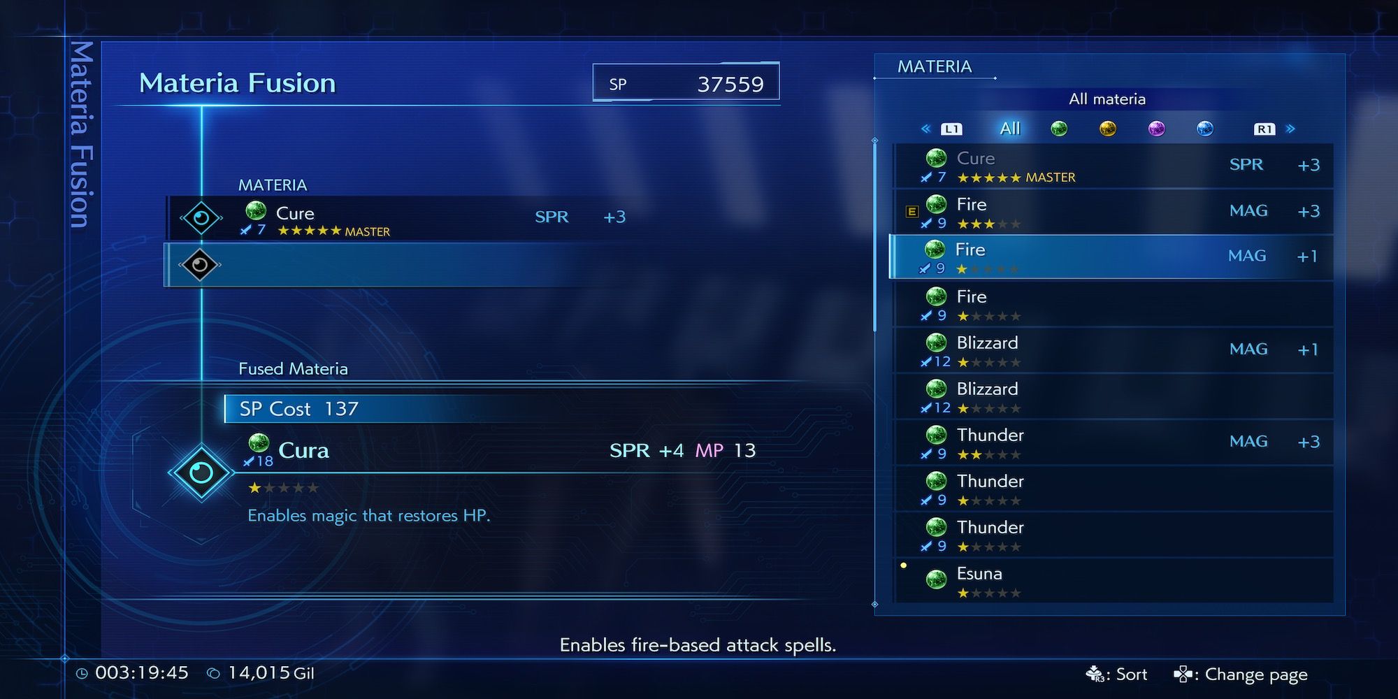 The Materia Fusion menu in Crisis Core Final Fantasy VII Reunion