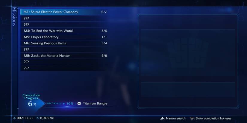 The Mission menu in Crisis Core Final Fantasy VII Reunion