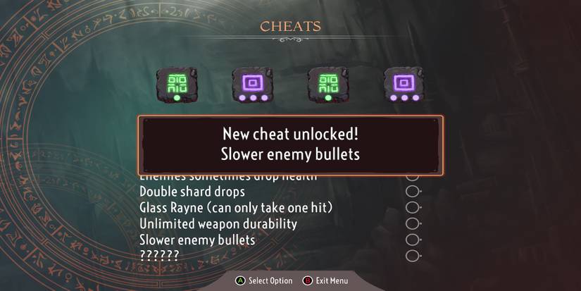 Unlocking the Slower Enemy Bullets cheat in The Knight Witch