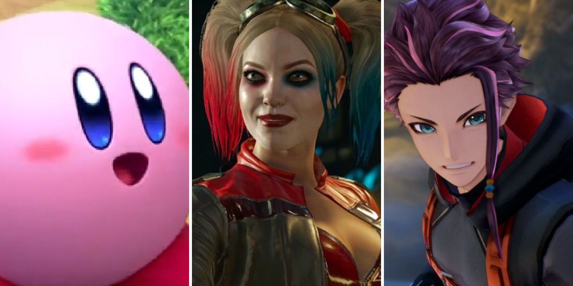 A grid of three characters from Kirby Forgotten Land, Injustice, and Tales of Arise