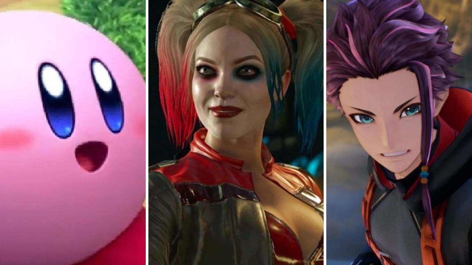 A grid of three characters from Kirby Forgotten Land, Injustice, and Tales of Arise