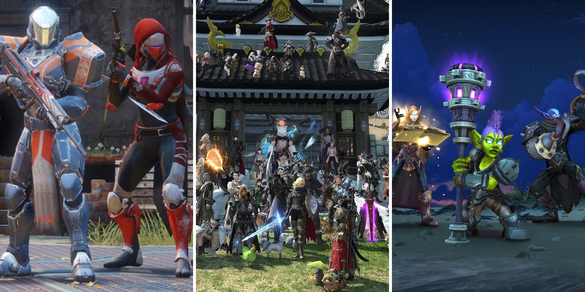 A grid of images showing players in the games Destiny 2, Final Fantasy 14, and World of Warcraft