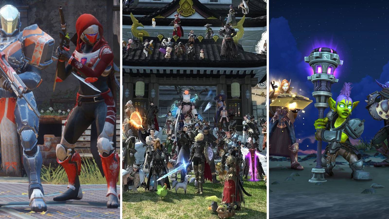 A grid of images showing players in the games  Destiny 2, Final Fantasy 14, and World of Warcraft