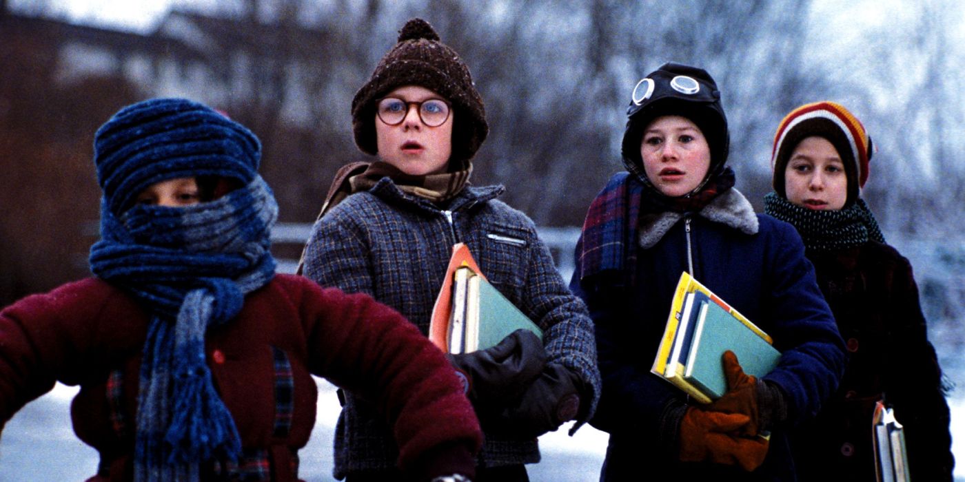 Randy, Ralphie, Schwartz, and Flick walk to school in A Christmas Story
