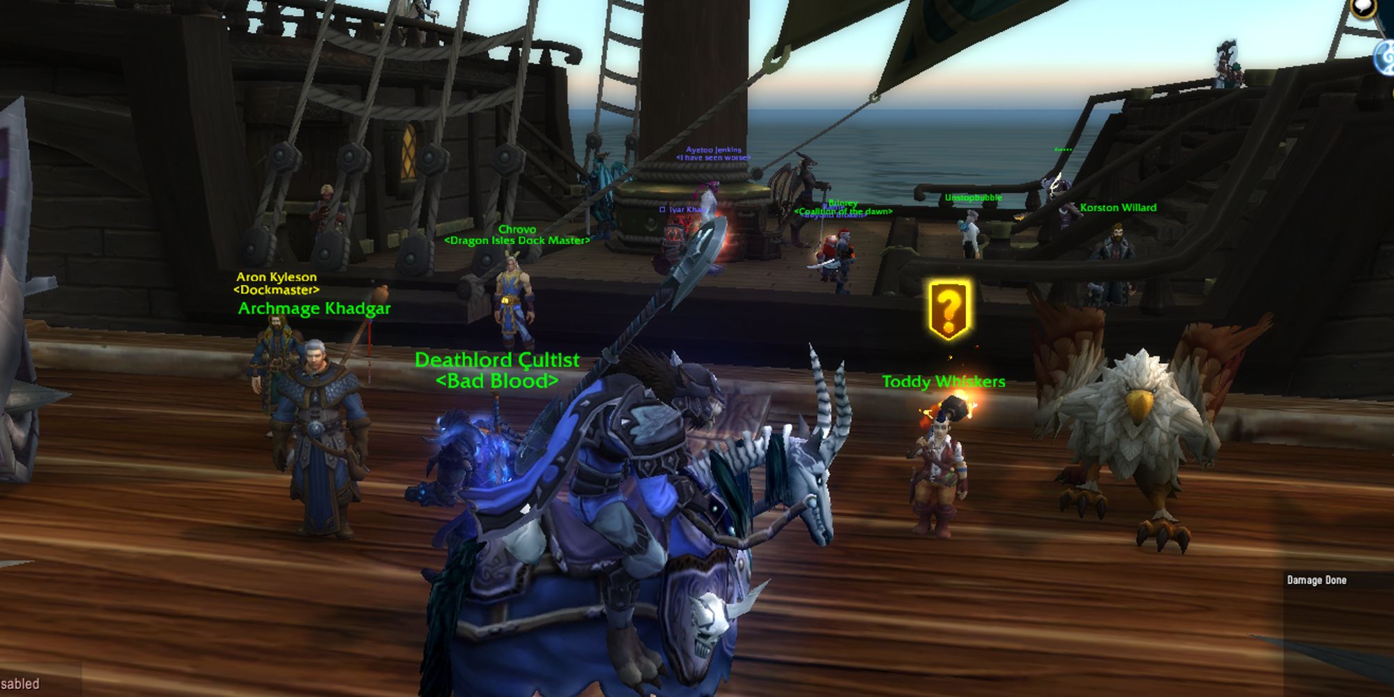A Druid Worgen waits at the boat heading toward Dragon Isles in World of Warcraft Dragonflight