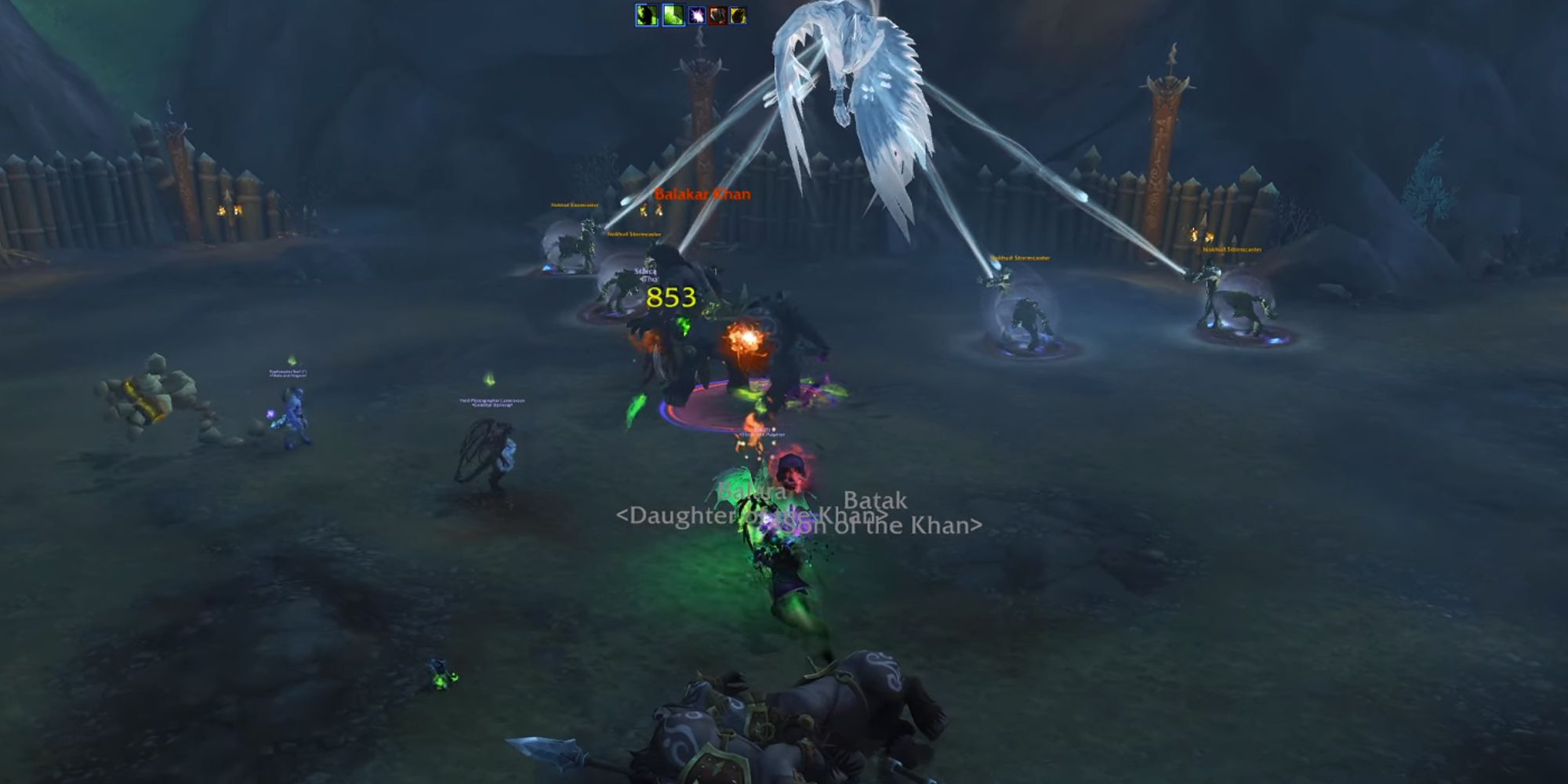 A group fight Balakar Khan in the Nokhud Offensive Dungeon in World of Warcraft Dragonblight