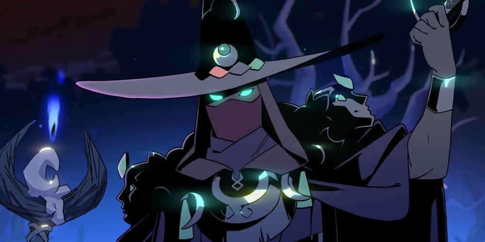 A witch in dark clothes, a pointed hat, and with a mask over her face.
