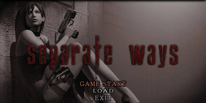 The title screen of Separate Ways, showing Ada sat with her back against a wall holding her gun up