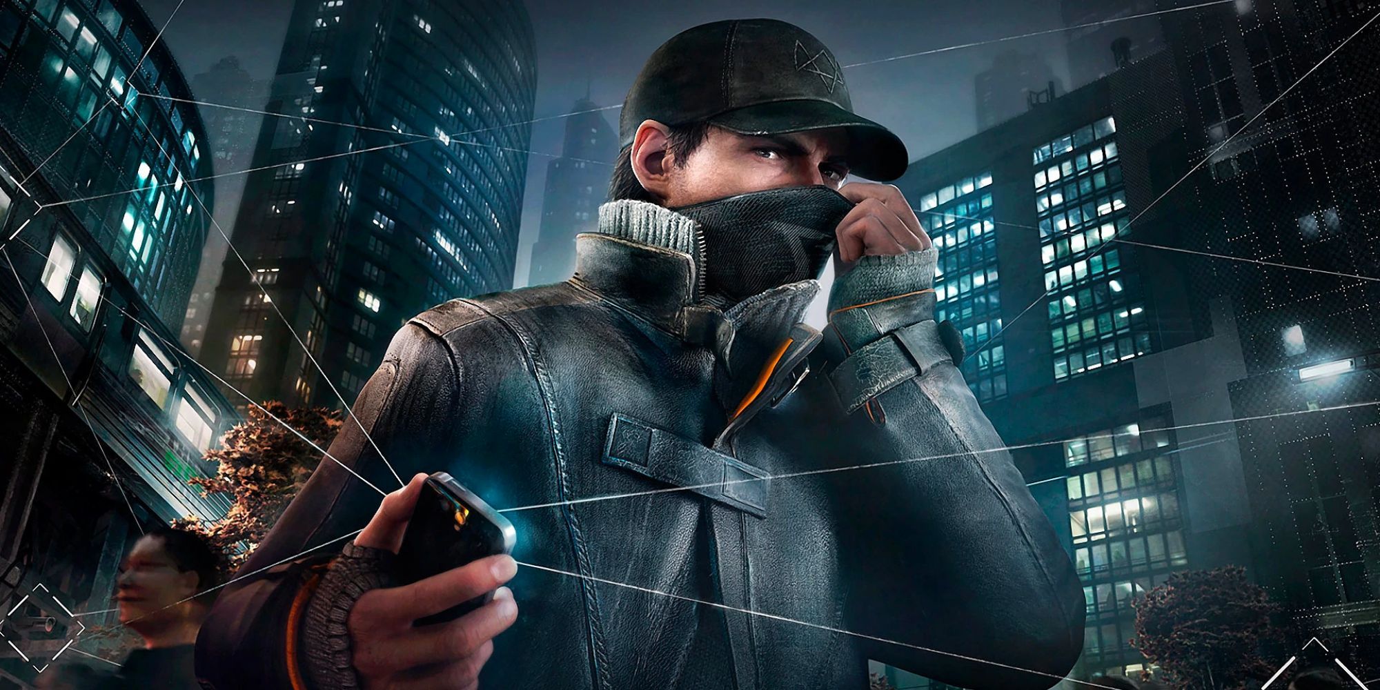 Aiden Pearce with hacking device and mask