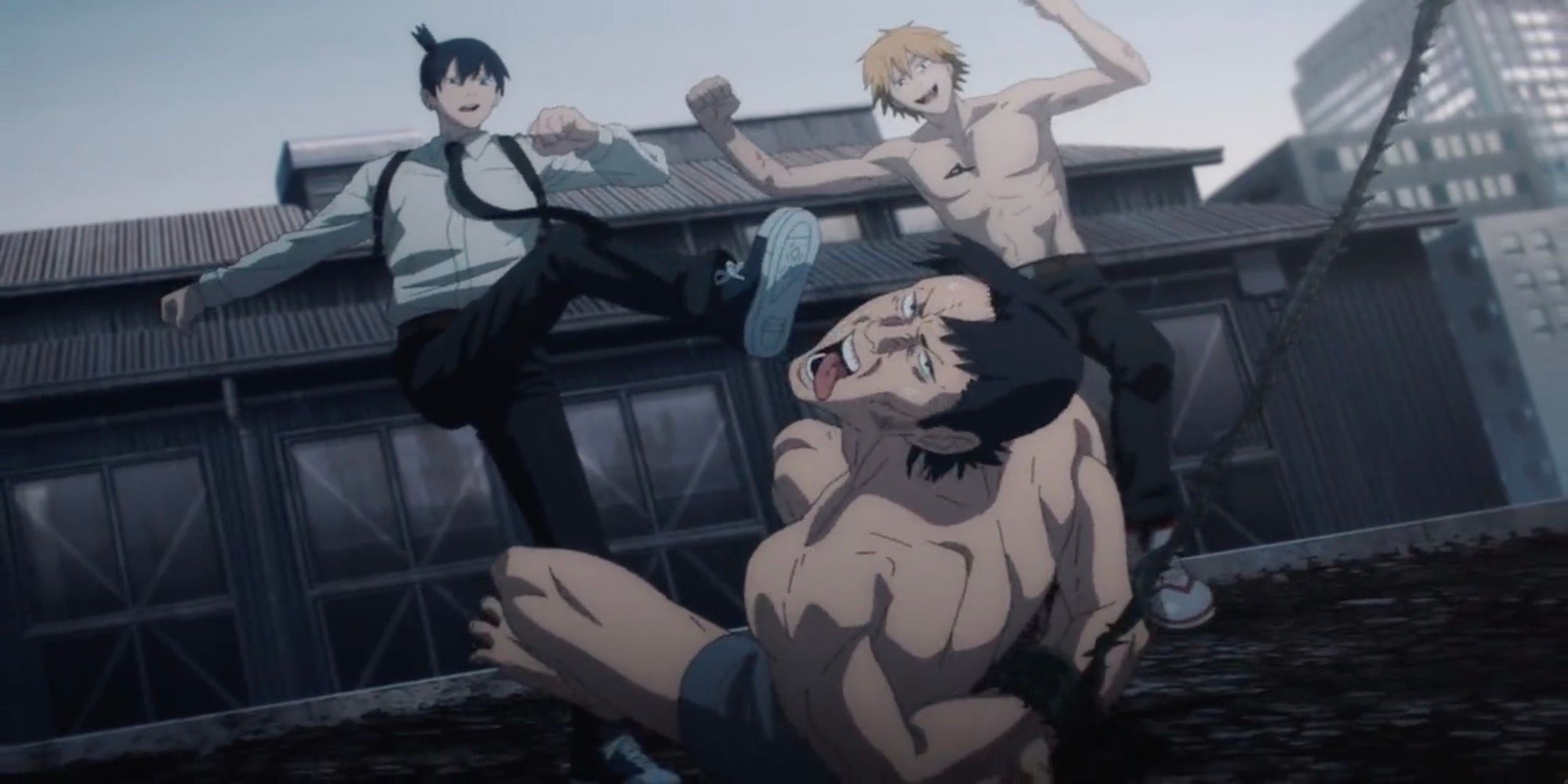 Aki and Denji kicking Katana Man in Chainsaw Man
