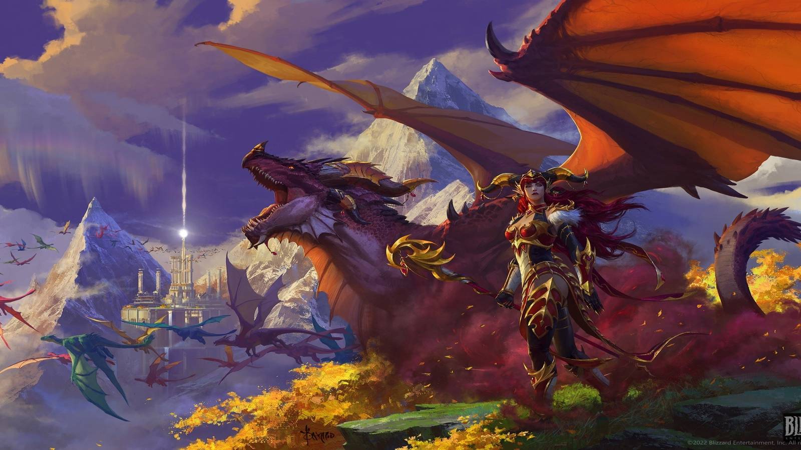 A staff-wielding Alexstrasza stands with her dragon kin