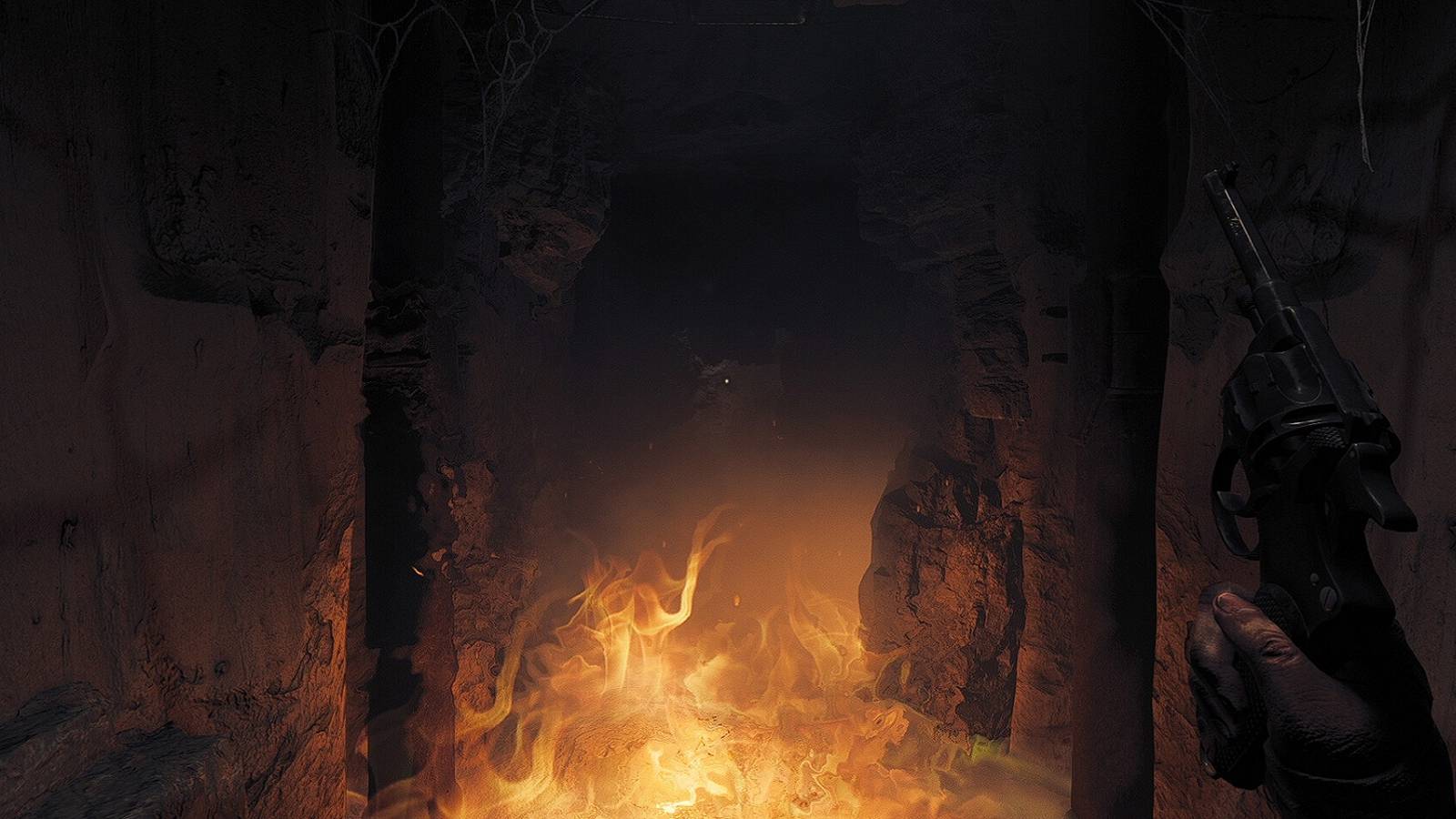 Image from Amnesia: The Bunker showing a darkened corridor on fire.