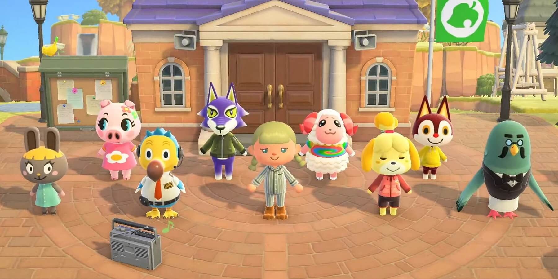 animal crossing new horizons group stretching town hall