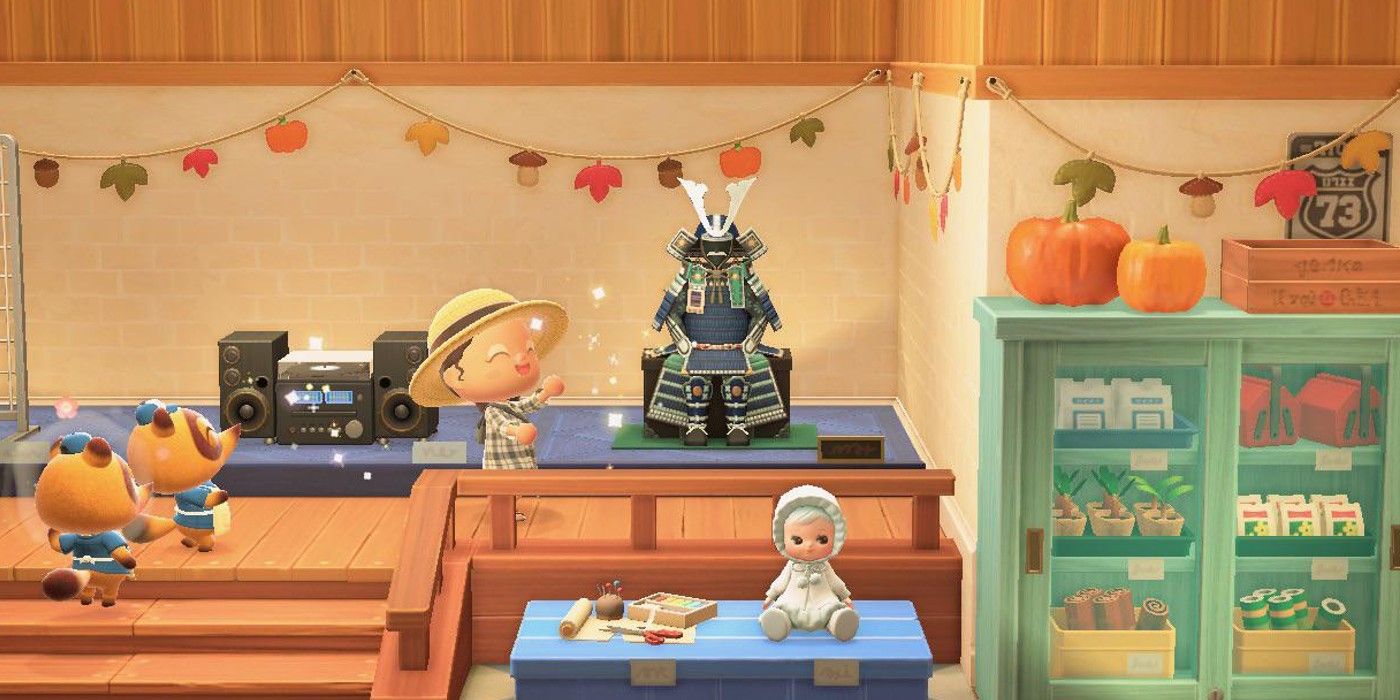 Animal Crossing New Horizons Samurai Suit display at shop as villager looks happy