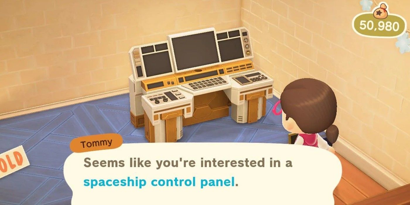 Animal Crossing New Horizons retro Spaceship control panel villager looking on at shop