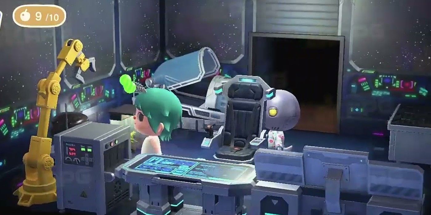 Animal Crossing New Horizons Spaceship control panel in sci-fi themed room with scientist villager