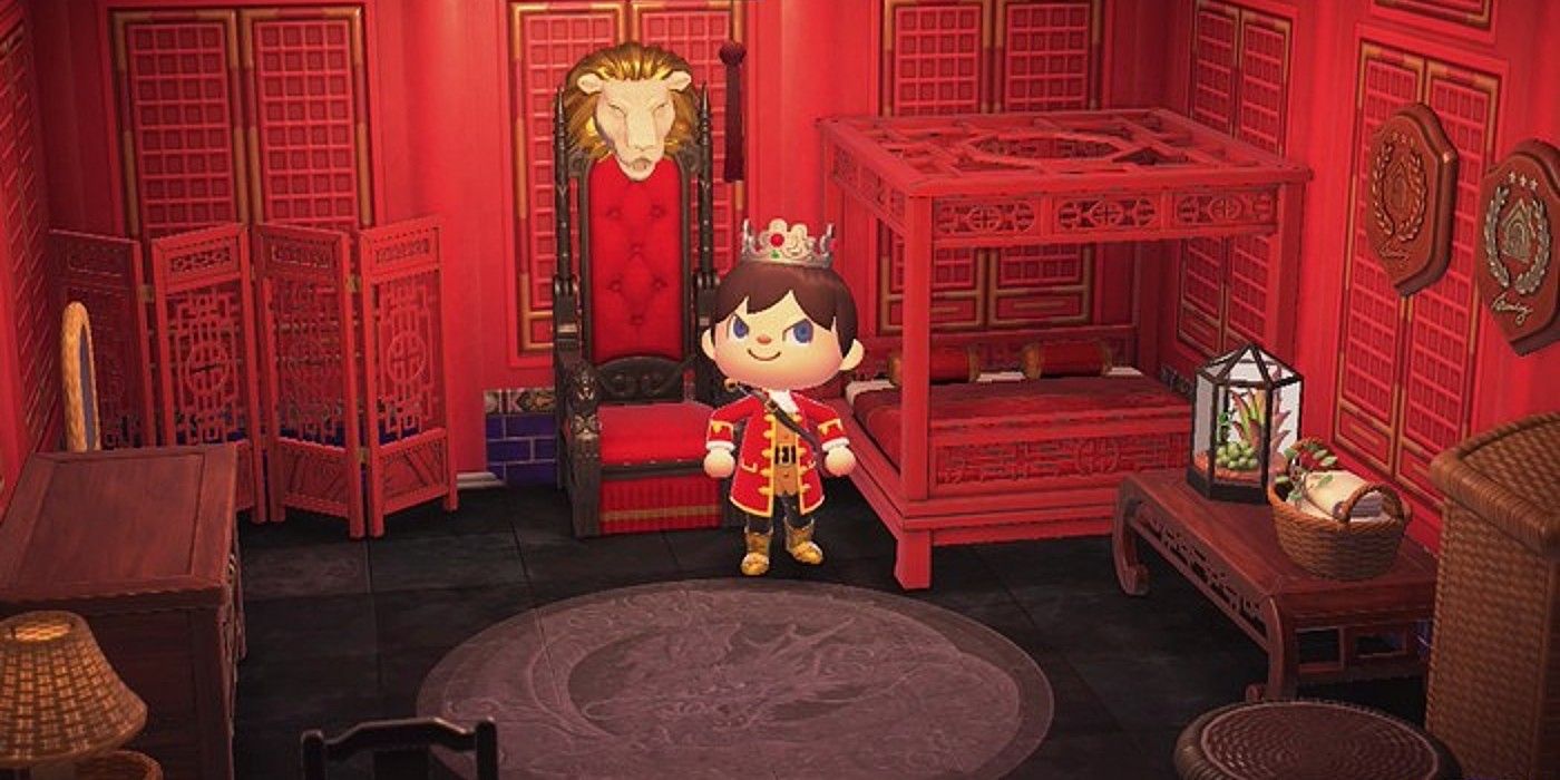 Animal Crossing New Horizons throne with villager dressed in royal garb in red room