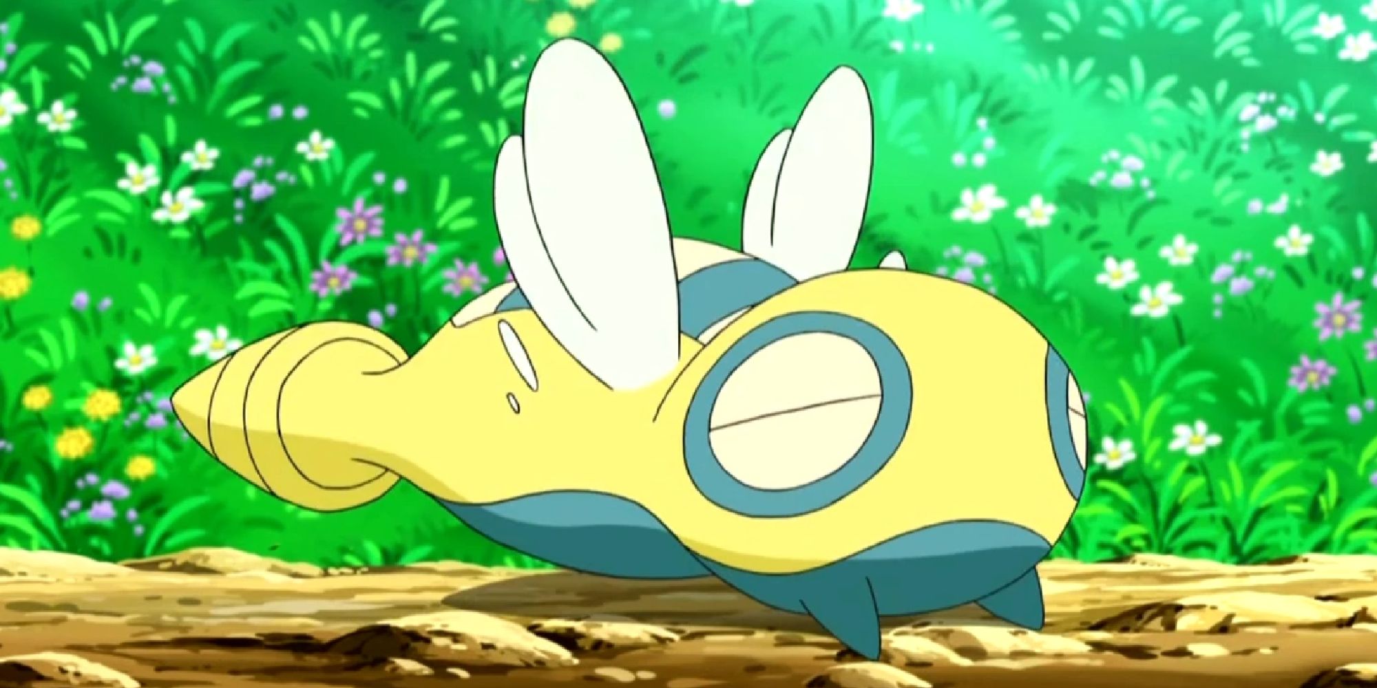 Dunsparce sitting on a log in the anime