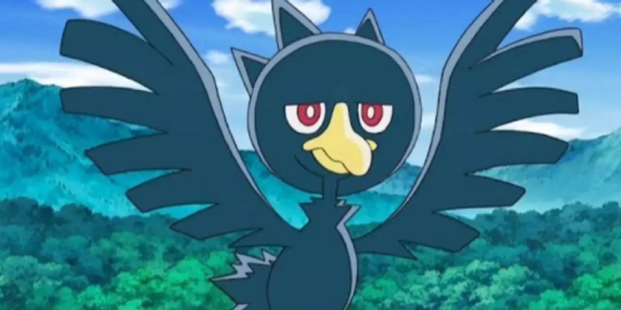 Murkrow spreading its wings in the anime