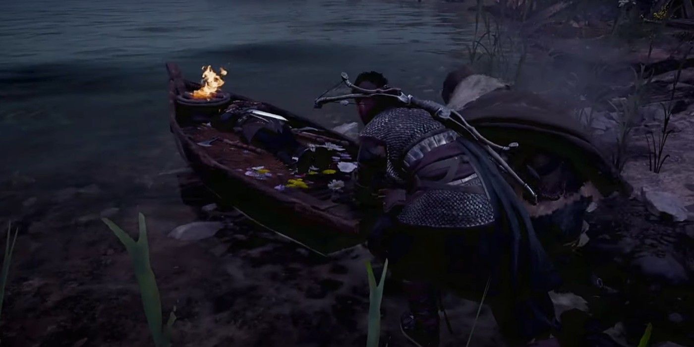 Assassin's Creed Valhalla Ivarr funeral pushing him out to sea laying on fiery boat